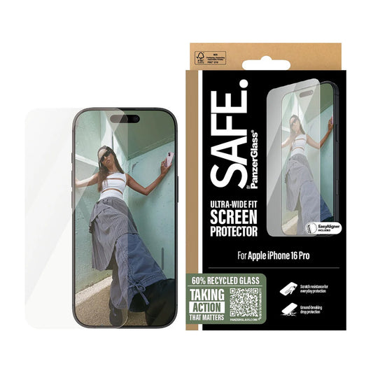 Película Protetora de Ecrã PanzerGlass Safe. Ultra-Wide Fit para Apple iPhone 16 Pro, Vidro Temperado, Full Glue.