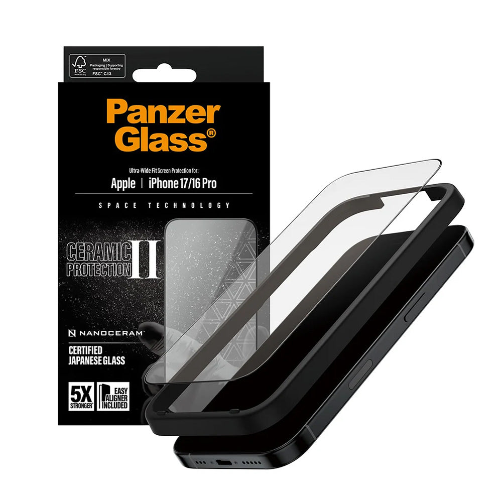 Película Protetora de Ecrã PanzerGlass Ultra-Wide Ceramic II EasyAligner para Apple iPhone 17 / 16 Pro, Vidro Temperado, Full Glue, Preta