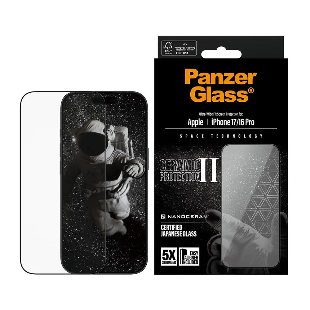 Película Protetora de Ecrã PanzerGlass Ultra-Wide Ceramic II EasyAligner para Apple iPhone 17 / 16 Pro, Vidro Temperado, Full Glue, Preta