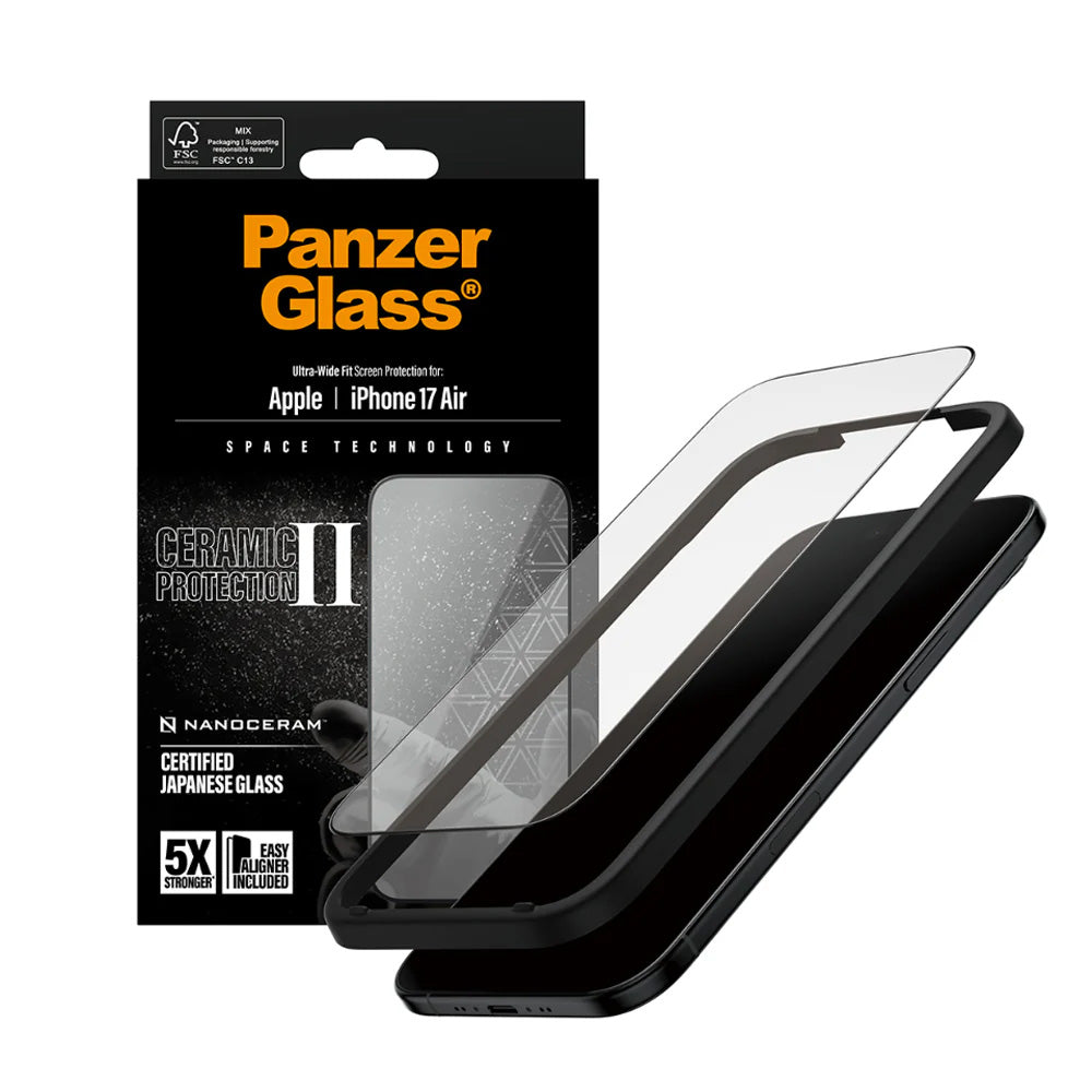 Película Protetora de Ecrã PanzerGlass Ultra-Wide Ceramic II EasyAligner para Apple iPhone 17 Air, Vidro Temperado, Full Glue, Preta