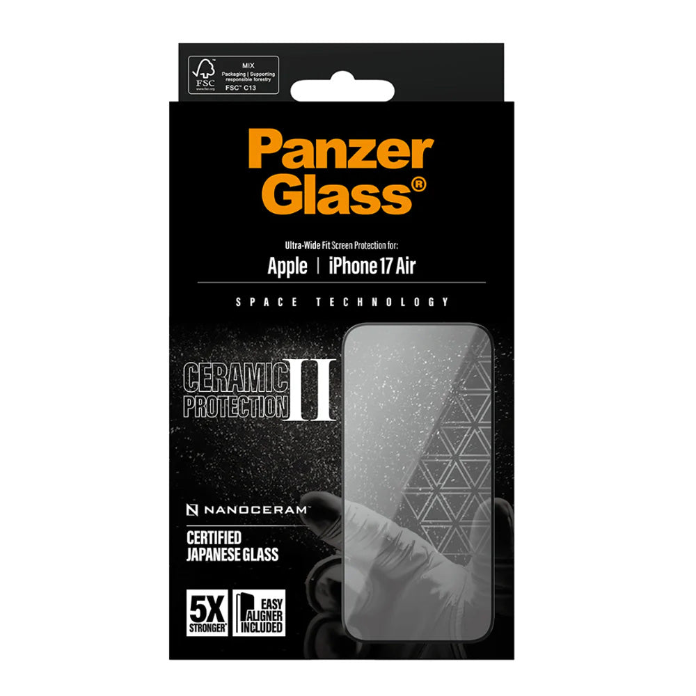 Película Protetora de Ecrã PanzerGlass Ultra-Wide Ceramic II EasyAligner para Apple iPhone 17 Air, Vidro Temperado, Full Glue, Preta