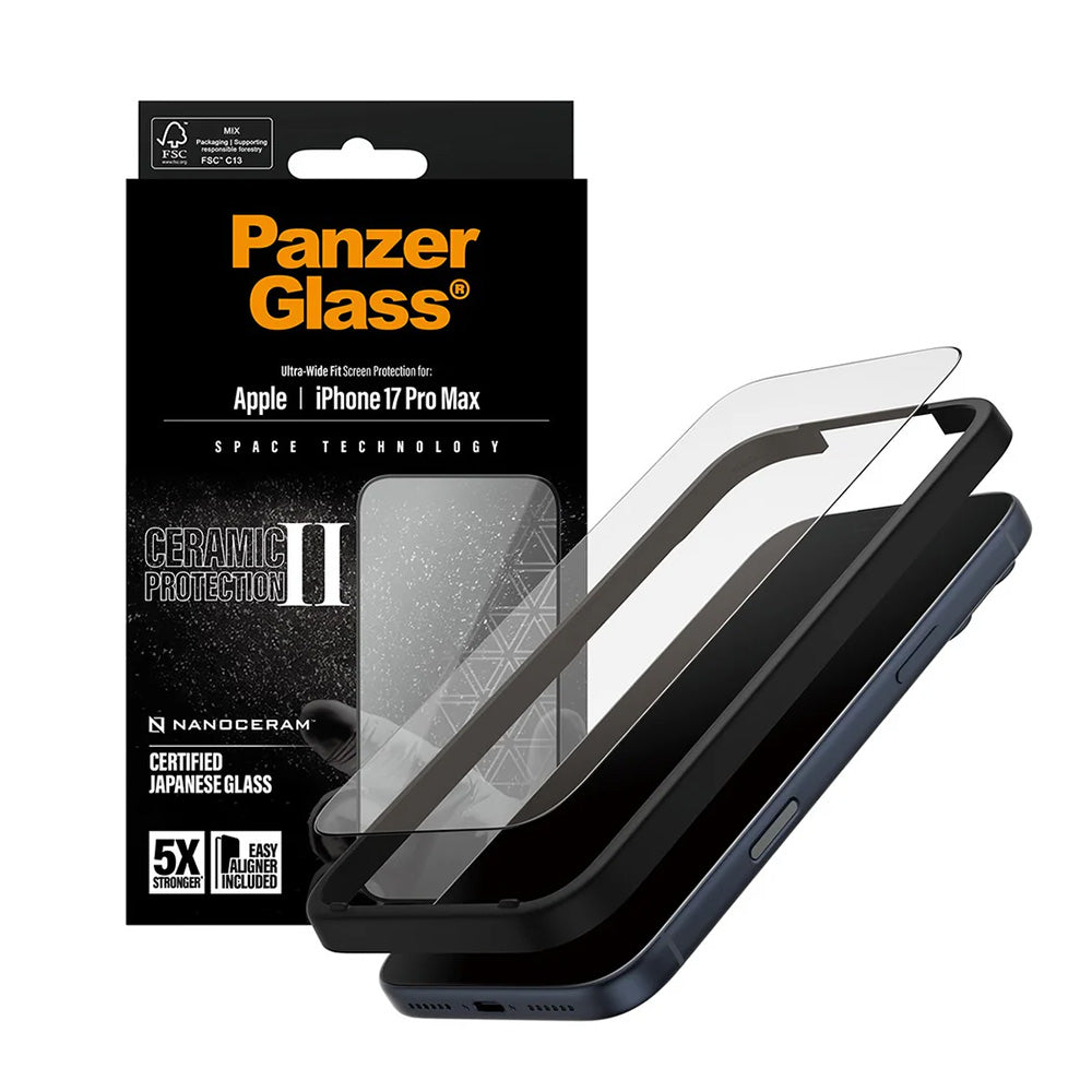 Película Protetora de Ecrã PanzerGlass Ultra-Wide Ceramic II EasyAligner para Apple iPhone 17 Pro Max, Vidro Temperado, Full Glue, Preta