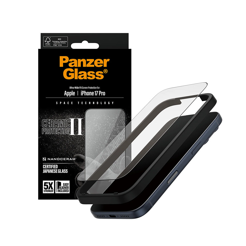 Película Protetora de Ecrã PanzerGlass Ultra-Wide Ceramic II EasyAligner para Apple iPhone 17 Pro, Vidro Temperado, Full Glue, Preta