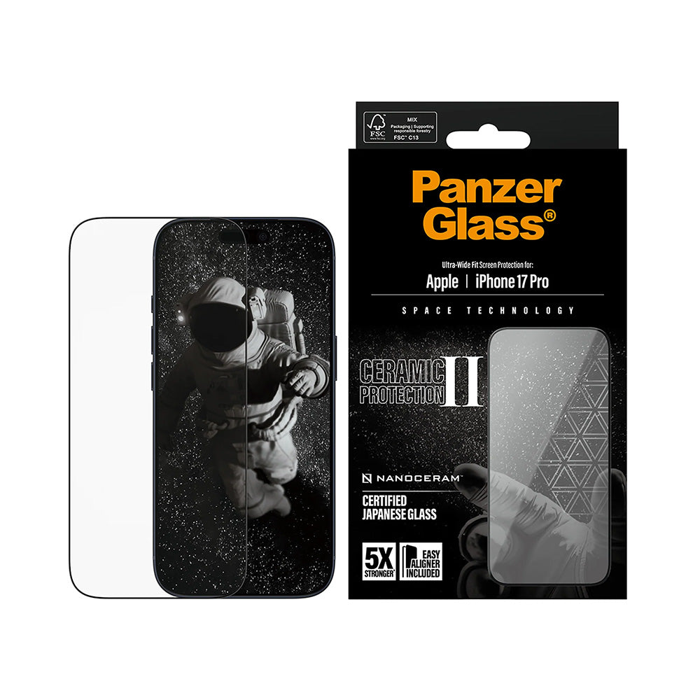 Película Protetora de Ecrã PanzerGlass Ultra-Wide Ceramic II EasyAligner para Apple iPhone 17 Pro, Vidro Temperado, Full Glue, Preta