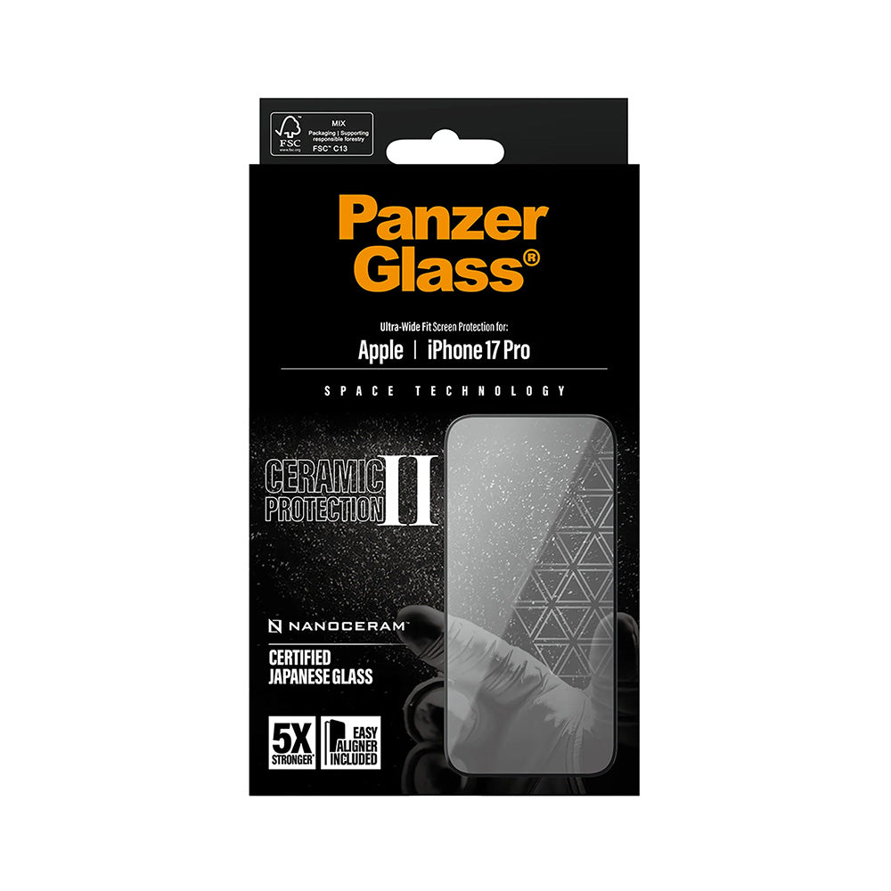 Película Protetora de Ecrã PanzerGlass Ultra-Wide Ceramic II EasyAligner para Apple iPhone 17 Pro, Vidro Temperado, Full Glue, Preta
