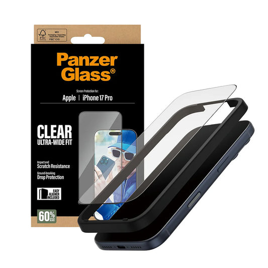 Película Protetora de Ecrã PanzerGlass Ultra-Wide Fit EasyAligner para Apple iPhone 17 Pro, Vidro Temperado, Full Glue, Preta