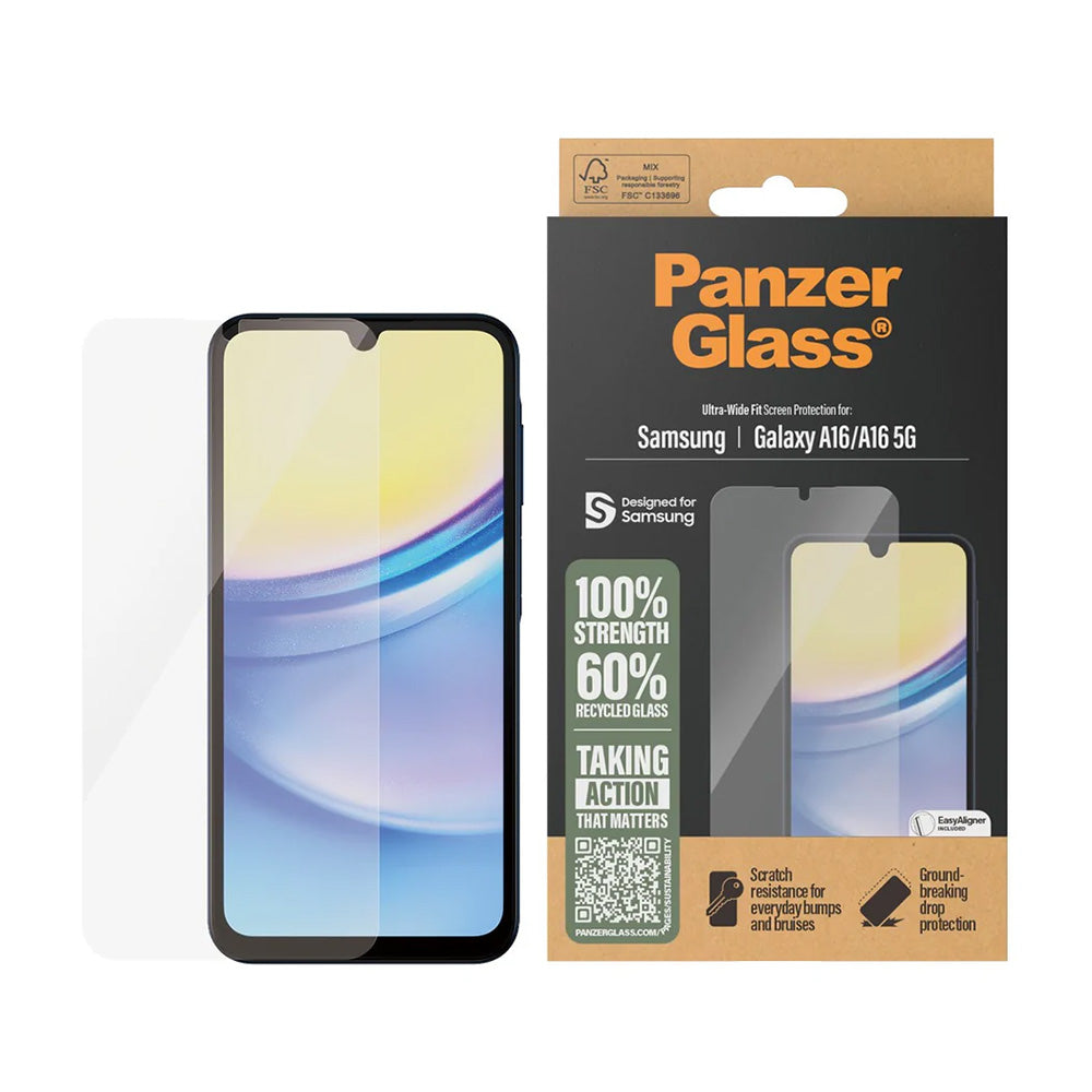 Película Protetora de Ecrã PanzerGlass Ultra-Wide Fit EasyAligner para Samsung Galaxy A17 4G / A17 5G, Vidro Temperado, Colagem Total