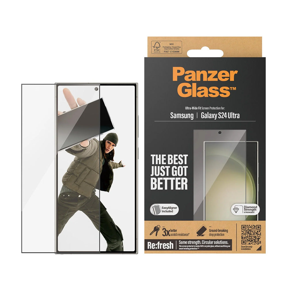 Película Protetora de Ecrã PanzerGlass Ultra-Wide Fit EasyAligner para Samsung Galaxy S24 Ultra S928, Vidro Temperado, Colagem Total, Preta
