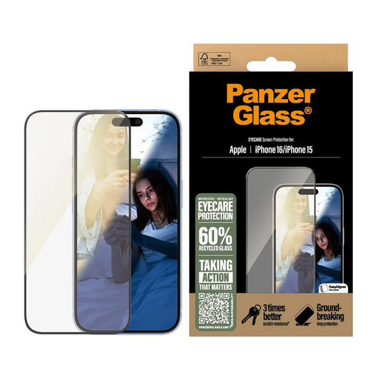 Película Protetora de Ecrã PanzerGlass Ultra-Wide Fit EyeCare para Apple iPhone 16 / 15, Vidro Temperado, Full Glue, Preta