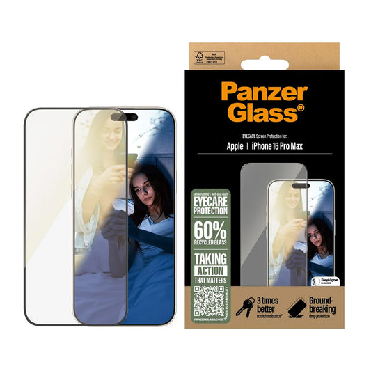 Película Protetora de Ecrã PanzerGlass Ultra-Wide Fit EyeCare para Apple iPhone 16 Pro Max, Vidro Temperado, Full Glue, Preta