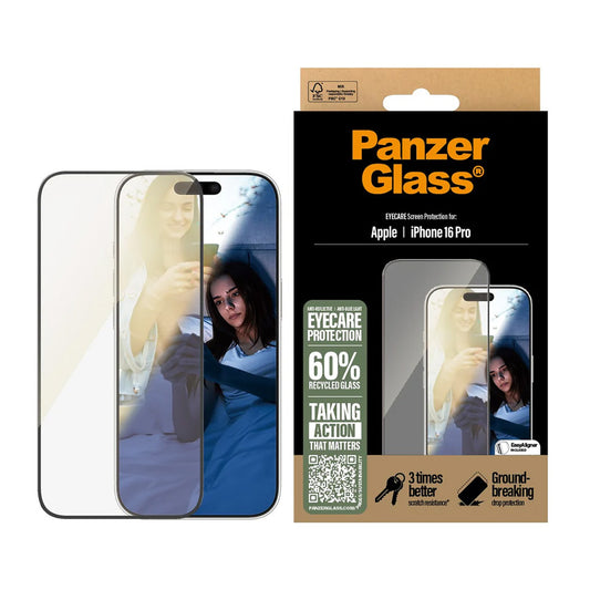 Película Protetora de Ecrã PanzerGlass Ultra-Wide Fit EyeCare para Apple iPhone 16 Pro, Vidro Temperado, Full Glue, Preta