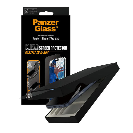 Película Protetora de Ecrã PanzerGlass Ultra-Wide Fit Fastfit para Apple iPhone 17 Pro Max, Vidro Temperado, Full Glue, Preta