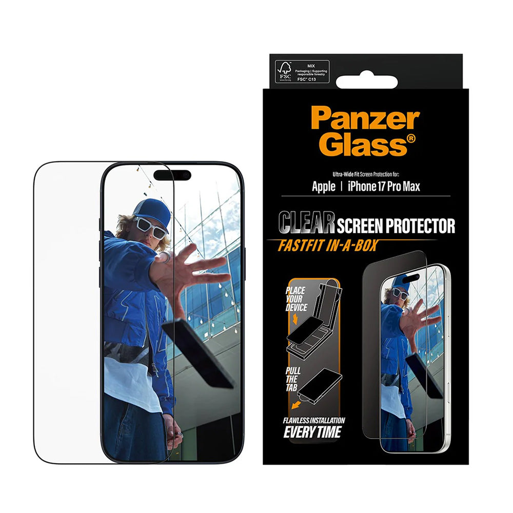 Película Protetora de Ecrã PanzerGlass Ultra-Wide Fit Fastfit para Apple iPhone 17 Pro Max, Vidro Temperado, Full Glue, Preta