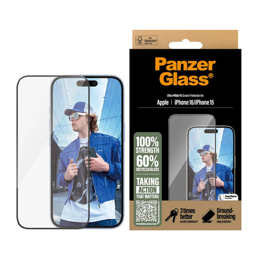Película Protetora de Ecrã PanzerGlass Ultra-Wide Fit para Apple iPhone 16 / 15, Vidro Temperado, Full Glue, Preta