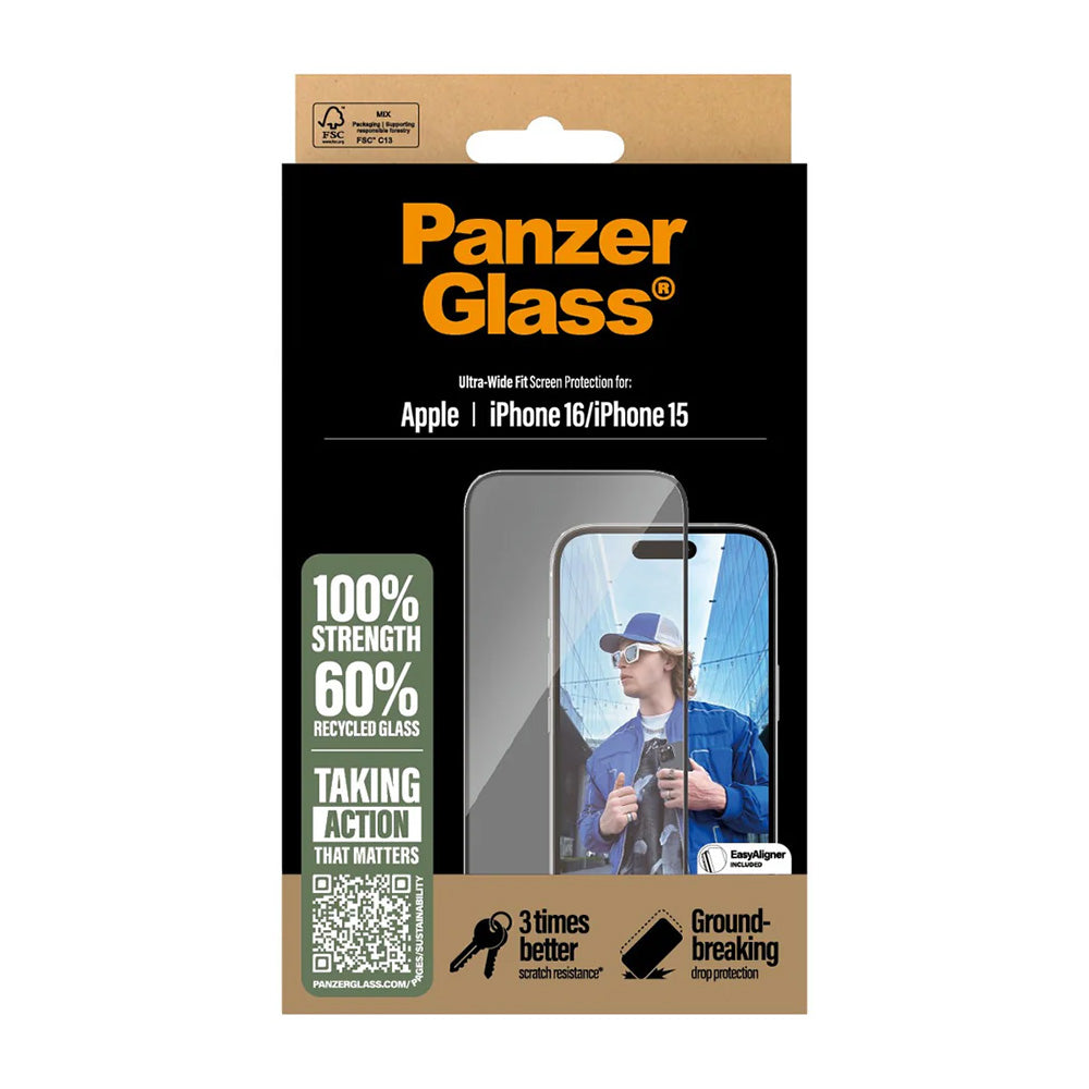 Película Protetora de Ecrã PanzerGlass Ultra-Wide Fit para Apple iPhone 16 / 15, Vidro Temperado, Full Glue, Preta
