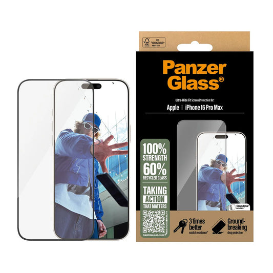 Película Protetora de Ecrã PanzerGlass Ultra-Wide Fit para Apple iPhone 16 Pro Max, Vidro Temperado, Full Glue, Preta