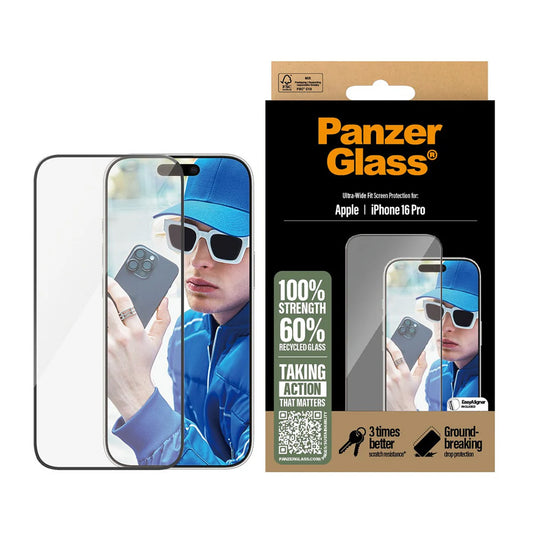 Película Protetora de Ecrã PanzerGlass Ultra-Wide Fit para Apple iPhone 16 Pro, Vidro Temperado, Full Glue, Preta