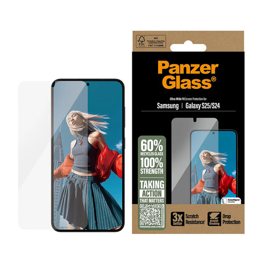 Película Protetora de Ecrã PanzerGlass Ultra-Wide Fit para Samsung Galaxy S25 S931 / S24 S921, Vidro Temperado, Full Glue