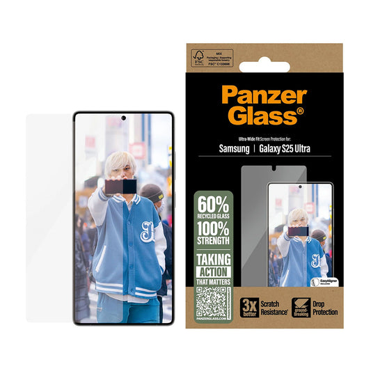 Película Protetora de Ecrã PanzerGlass Ultra-Wide Fit para Samsung Galaxy S25 Ultra S938, Vidro Temperado, Full Glue