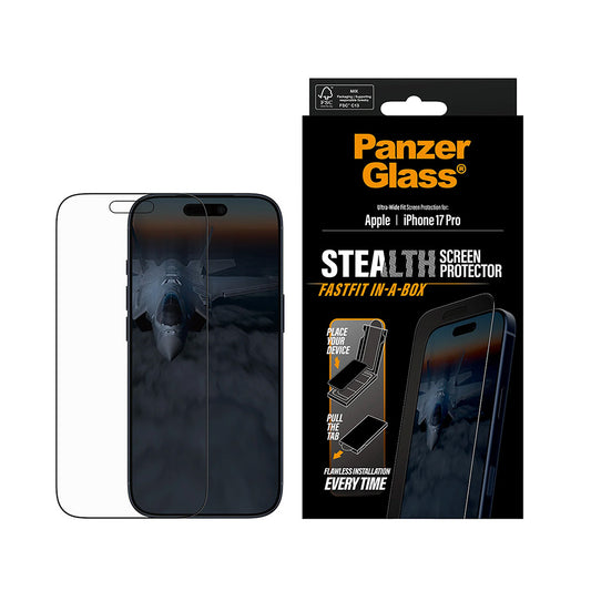 Película Protetora de Ecrã PanzerGlass Ultra-Wide Fit Stealth Fastfit para Apple iPhone 17 Pro, Vidro Temperado, Full Glue, Preta