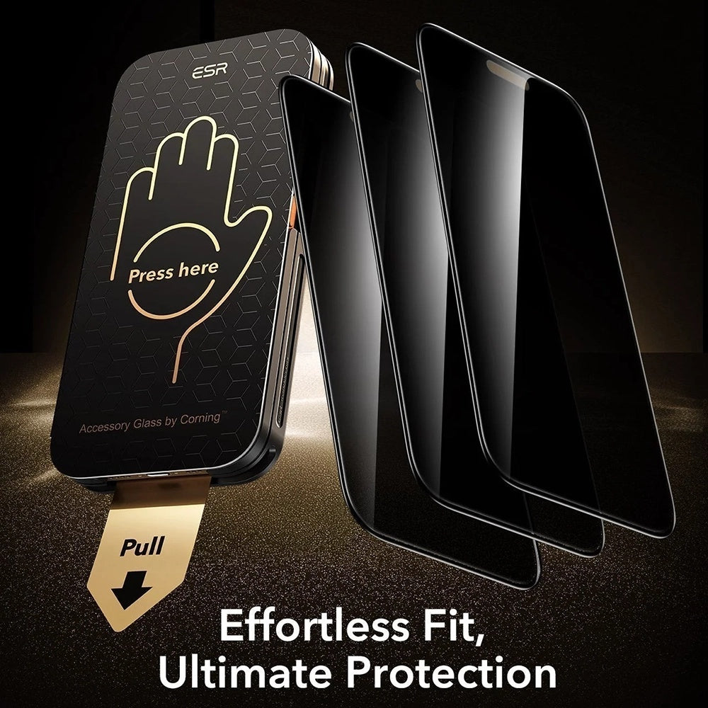 Película protetora de ecrã Privacy ESR Armorite Pro UltraFit para Apple iPhone 18 Pro Max, Vidro Temperado, Cola Total, Conjunto de 3 unidades