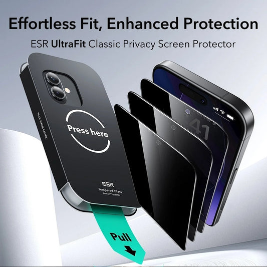 Película de Proteção Ecran Privacy ESR UltraFit para Apple iPhone 17 / 16 Pro, Vidro Temperado, Full Glue, Conjunto de 3 peças