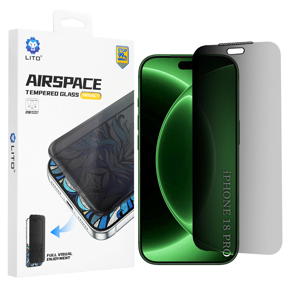 Película protetora de ecrã Privacy Lito Airspace Border para Apple iPhone 18 Pro, Vidro Temperado, Cola Total