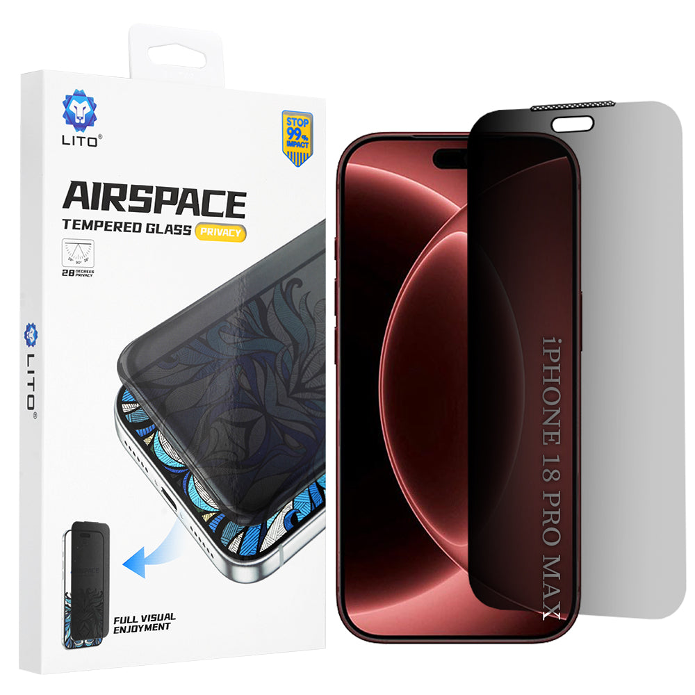 Película protetora de ecrã Privacy Lito Airspace Border para Apple iPhone 18 Pro Max, Vidro Temperado, Cola Total