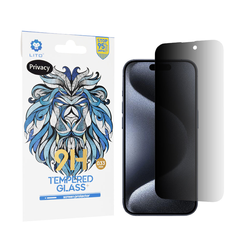 Película de proteção de ecrã Privacy Lito Classic para Apple iPhone 15 Pro, Vidro Temperado, Cola Total, 2.5D