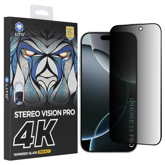 Película de Proteção de Ecrã Privacy Lito D+ Max 4K para Apple iPhone 17 / 16 Pro, Vidro Temperado, Full Glue