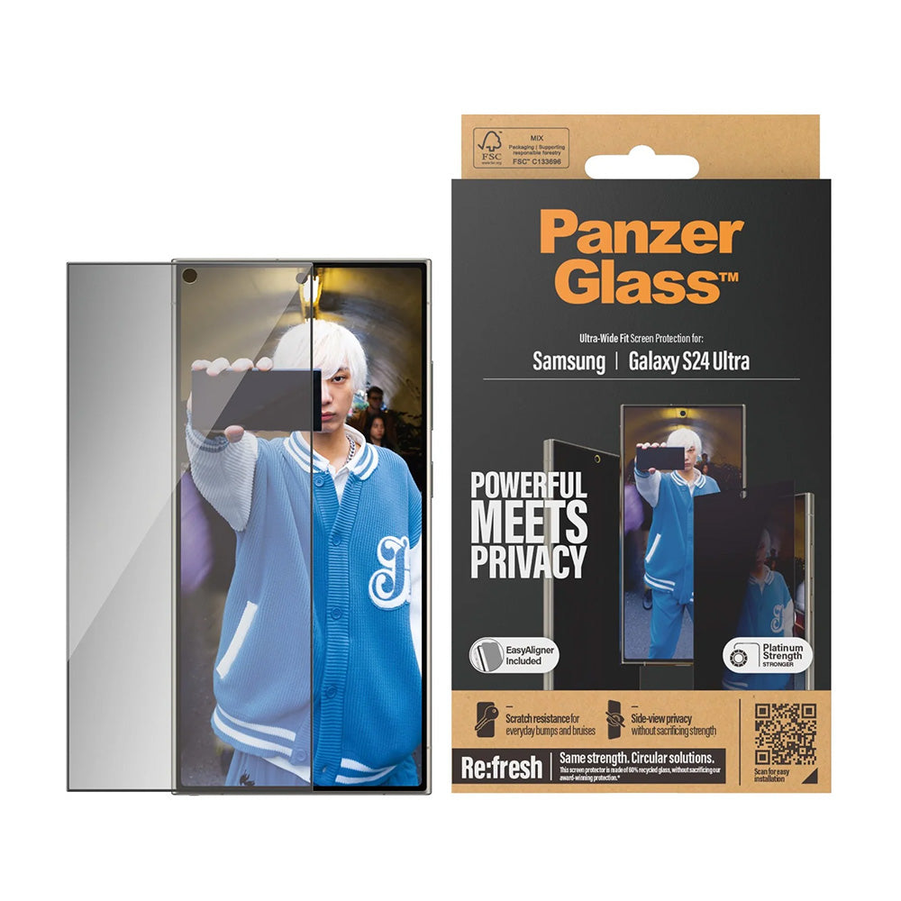 Película de Proteção de Ecrã Privacy PanzerGlass Ultra-Wide Fit EasyAligner para Samsung Galaxy S24 Ultra S928, Vidro Temperado, Colagem Total