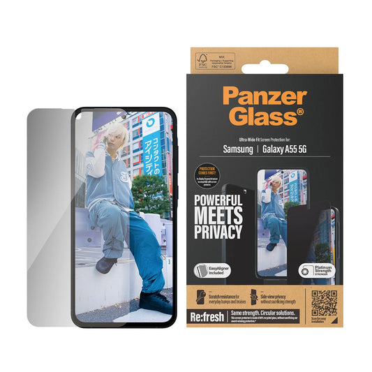 Película de Proteção de Ecrã Privacy PanzerGlass Ultra-Wide Fit para Samsung Galaxy A55 5G A556, Vidro Temperado, Full Glue