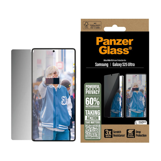 Película de Proteção de Ecrã Privacy PanzerGlass Ultra-Wide Fit para Samsung Galaxy S25 Ultra S938, Vidro Temperado, Full Glue