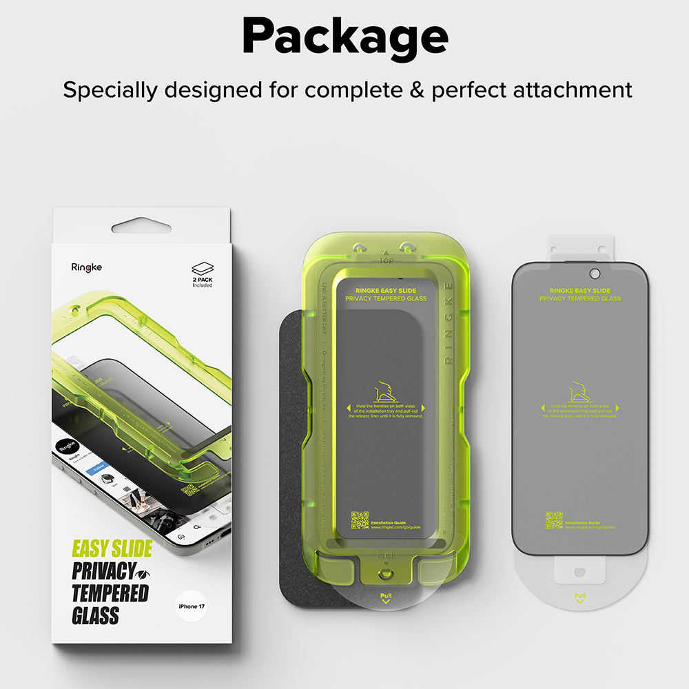 Película protetora de ecrã Privacy Ringke Easy Slide para Apple iPhone 17 Pro Max, Vidro Temperado, Cola Total, Conjunto de 2 unidades