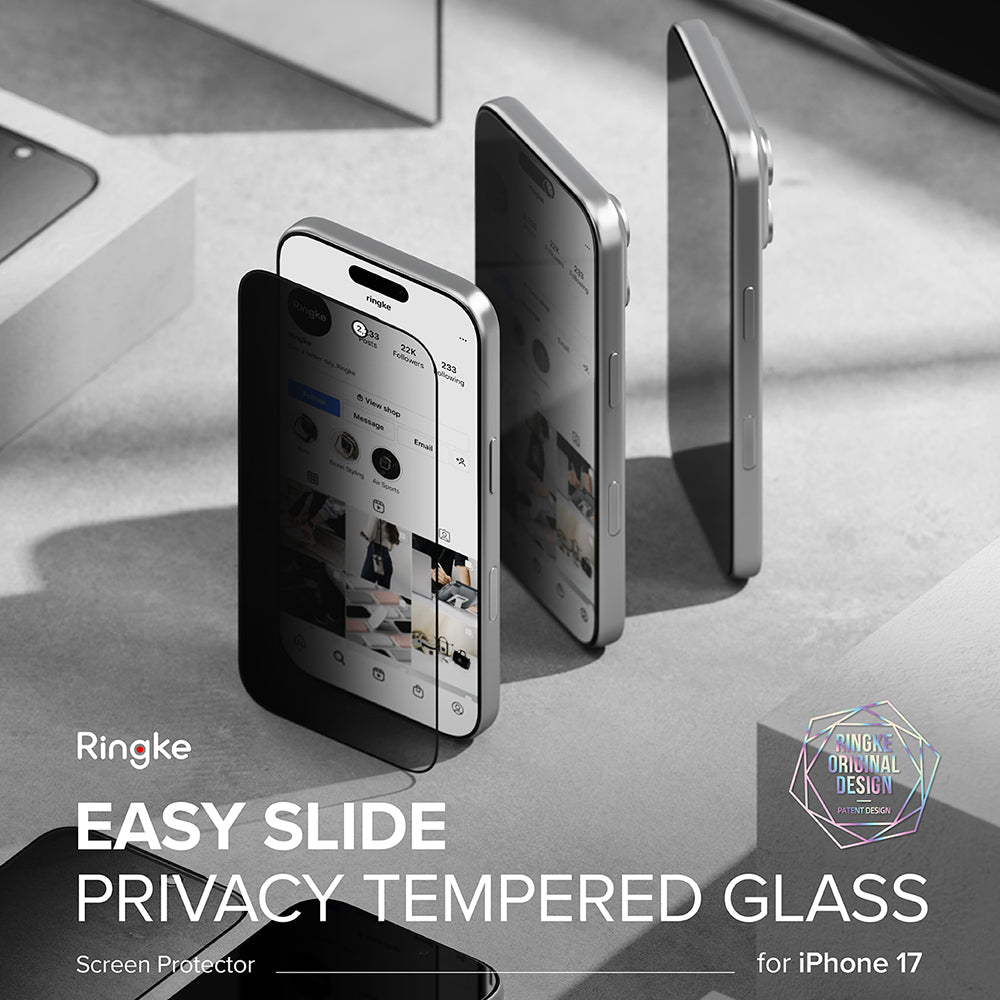 Película protetora de ecrã Privacy Ringke Easy Slide para Apple iPhone 17 Pro Max, Vidro Temperado, Cola Total, Conjunto de 2 unidades