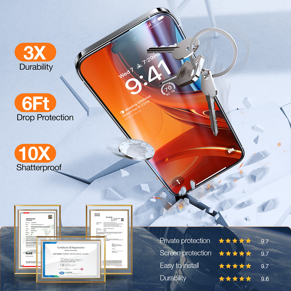 Película de Proteção de Ecrã Privacy Torras GlassGo Epic para Apple iPhone 15 Pro Max, Vidro Temperado, Full Glue
