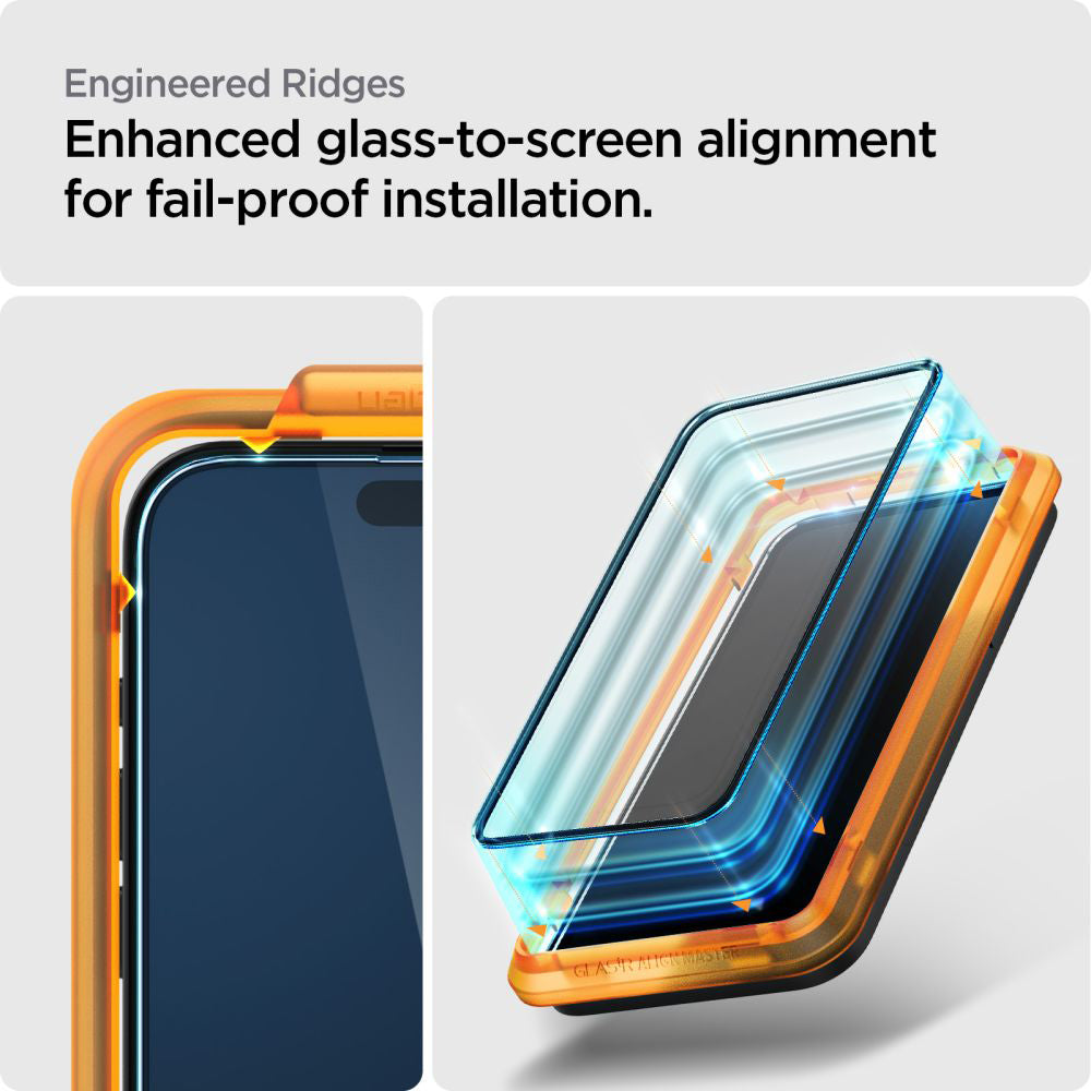 Película Protetora de Ecrã Spigen GlastR Align Master para Apple iPhone 15 Plus, Vidro Temperado, Full Glue, Conjunto de 2 peças, Preta AGL06886
