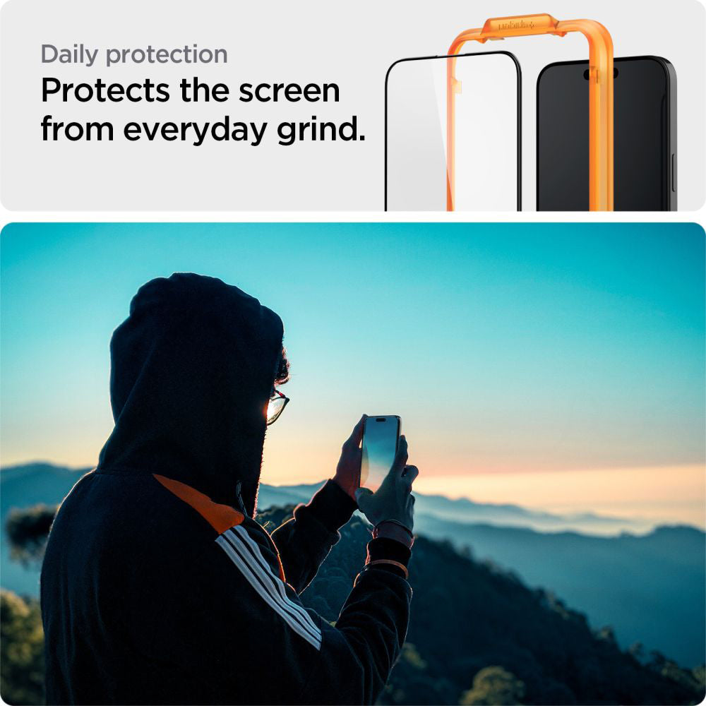 Película Protetora de Ecrã Spigen GlastR Align Master para Apple iPhone 15, Vidro Temperado, Full Glue, Conjunto de 2 peças, Preta AGL06906