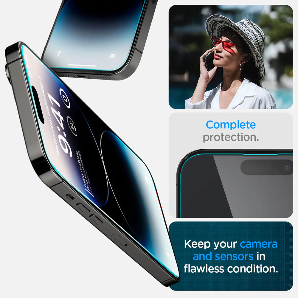 Película Protetora de Ecrã Spigen GlastR EZ FIT para Apple iPhone 14 Pro, Vidro Temperado, Full Glue, Conjunto de 2 peças