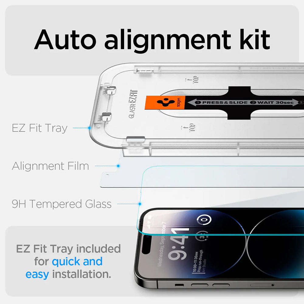 Película Protetora de Ecrã Spigen GlastR EZ FIT para Apple iPhone 14 Pro, Vidro Temperado, Full Glue, Conjunto de 2 peças