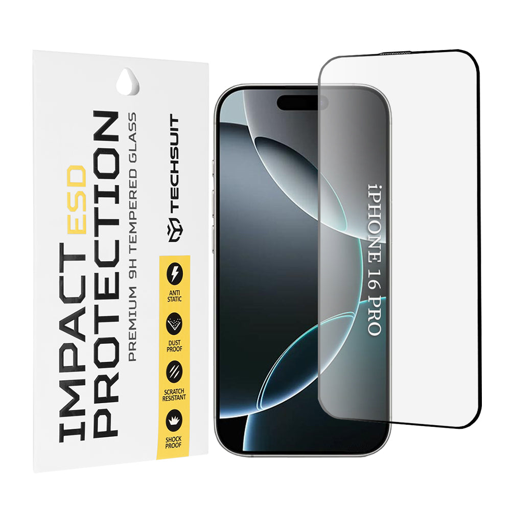 Película protetora de ecrã Techsuit para Apple iPhone 16 Pro, Vidro Temperado, Cola Total, Preta