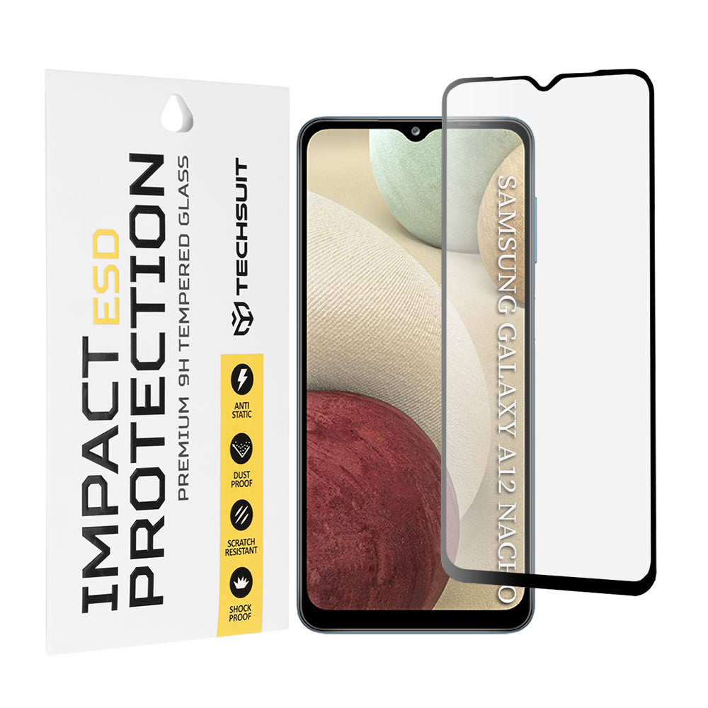 Película protetora de ecrã Techsuit para Samsung Galaxy F12 F127 / A12 Nacho A127 / M02 M022 / M12 M127, Vidro Temperado, Cola Total, Preta