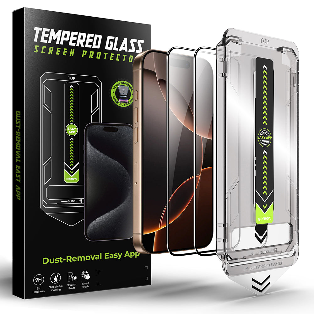 Película Protetora de Ecrã Techsuit TitanGlass para Apple iPhone 17 / 16 Pro, Vidro Temperado, Full Glue, Conjunto de 2 peças, Preta.