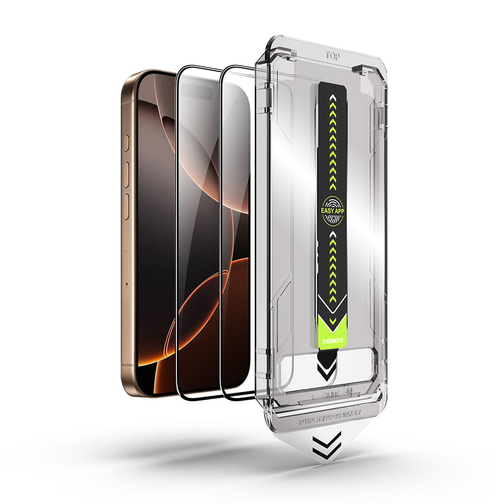 Película Protetora de Ecrã Techsuit TitanGlass para Apple iPhone 17 / 16 Pro, Vidro Temperado, Full Glue, Conjunto de 2 peças, Preta.