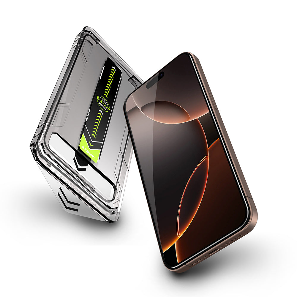 Película Protetora de Ecrã Techsuit TitanGlass para Apple iPhone 17 / 16 Pro, Vidro Temperado, Full Glue, Conjunto de 2 peças, Preta.