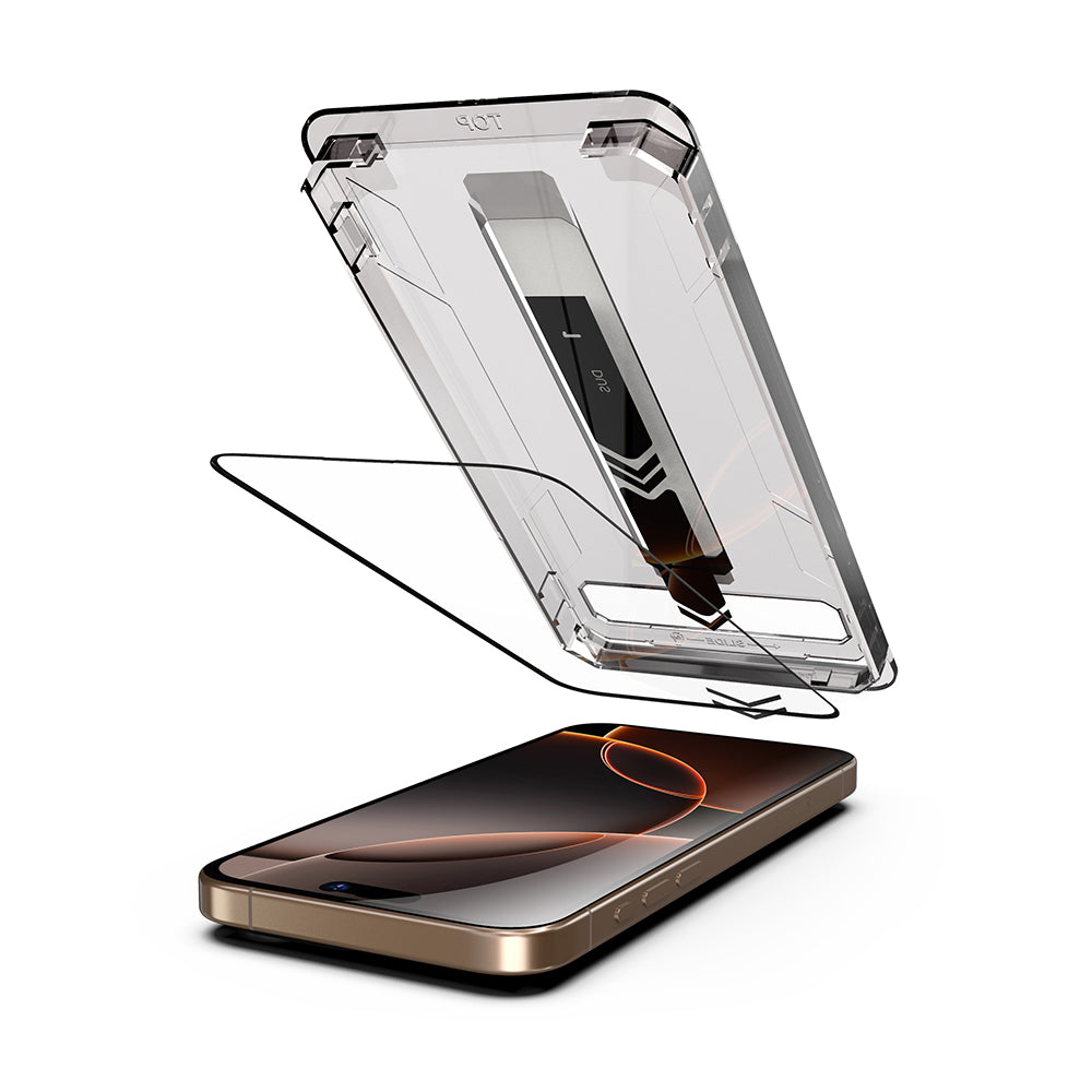 Película Protetora de Ecrã Techsuit TitanGlass para Apple iPhone 17 / 16 Pro, Vidro Temperado, Full Glue, Conjunto de 2 peças, Preta.