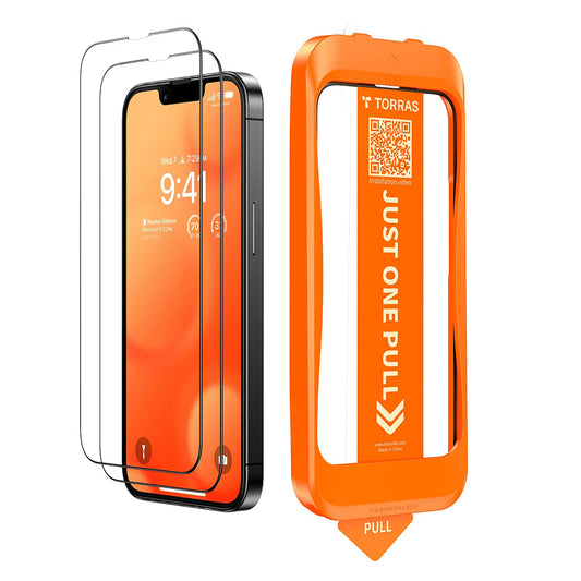 Película protetora de ecrã Torras GlassGo Install Master para Apple iPhone 17e / 16e / 14 / 13 Pro, Vidro Temperado, Cola Total, Conjunto de 2 unidades