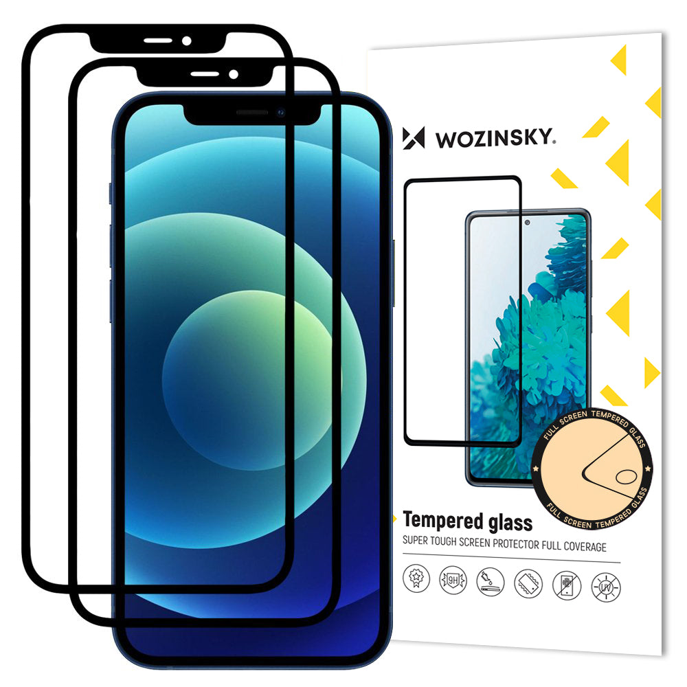 Película protetora de ecrã WZK para Apple iPhone 12 / 12 Pro, Vidro Temperado, Cola Total, Conjunto de 2 peças, Compatível com Capas, Preta