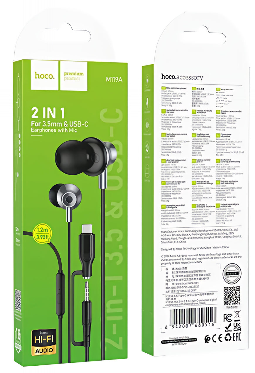 Handsfree 3.5mm / USB-C HOCO M119A, Preto
