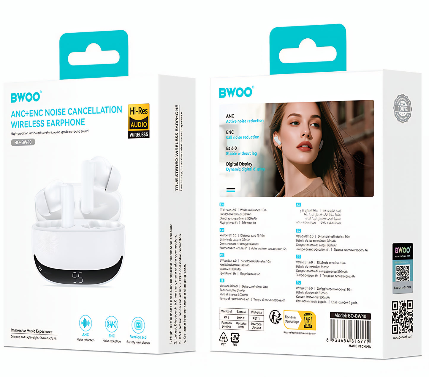 Auriculares Bluetooth BWOO BW40, TWS, ANC, Branco